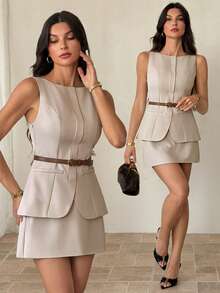 SHEIN Tall Elegant Solid Color Fitted Vest And Short Skirt Suit, Suitable For Daily Commute In Fall/Winter - Beige - View 3