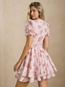 Enchnt Vestido ajustado de manga corta con cuello en V rosa, lindo y dulce - Rosa - Ver 8