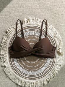 Swim Basics Zestiva Swimwear Yk2k 女士纯色泳衣上装，适合度假和海滩穿着，棕色聚拢文胸 - 棕色 - 查看 3