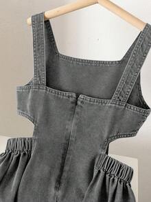 SHEIN Đầm denim wash phong cách Y2K đa năng dành cho bé gái tuổi teen, đầm ống rộng dáng retro với eo chun co giãn và thiết kế khoét rỗng. - Xám - Xem 5