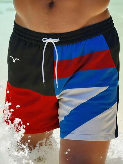 HIMLAND Men's Summer Contrast Color Pattern Drawstring Waist Slant Pocket Hawaiian Double Layer Mesh Lining Shorts, 3D Digital Printing Fashion Casual Beachwear Swim Trunks