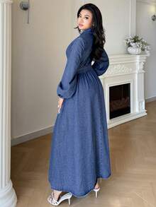 Modelyn Đầm denim nữ thời trang thường ngày, kiểu dáng bất đối xứng, thắt lưng tròn. - Rửa trung bình - Xem 3