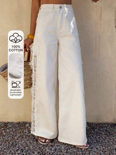DAZY Women's Casual Lace Trim Solid Color Wide Leg Jeans
