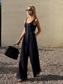 DAZY Women's Oversized Crew Neck Waist Cinched Long Casual Street Style Washed Zip-Up Original Color Denim Jumpsuit Summer - Dark Wash - View 5