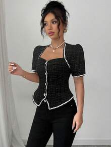 Elenzga Women's Elegant Black And White Summer Jacquard Wavy Ribbon Short Sleeve Blouse,Classy Button Up Tweed Top For Business Casual Tea Party Outfits - Black - View 5