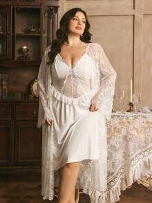 Côtesoire 法式浪漫性感蕾丝拼接镂空荷叶边吊带系带睡袍，白色新娘季睡衣套装，加大码 - 白色 - 查看 3