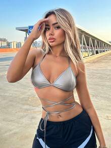 SHEIN X Doris Jocelyn SHEIN ICON Cà vạt chéo hở lưng bằng da PU Dây buộc dây màu bạc - Bạc - Xem 4