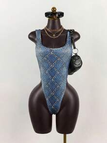 SaltGleam SaltGleam Women's Fashion Street Style Faux Denim Print Square Neck Thick Strap Backless Bodysuit Y2k Tankini Western Bathing Suit Rhinestone Swimsuit Western Swimsuits Denim Swimsuit Swimsuits For Woman Blue Y2k Bathing Suit Rhinestone Bodysuit Beaded Swimsuit - Blue - View 4
