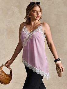Elegantrix Plus Size Women Urban Casual Lace Asymmetric Hem V-Neck Patchwork Solid Color Short Camisole - Mauve Purple - View 5