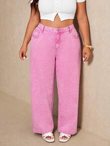 Elaquor Jeans rectos de cintura alta lavados de talla grande - Rosa - Ver 4