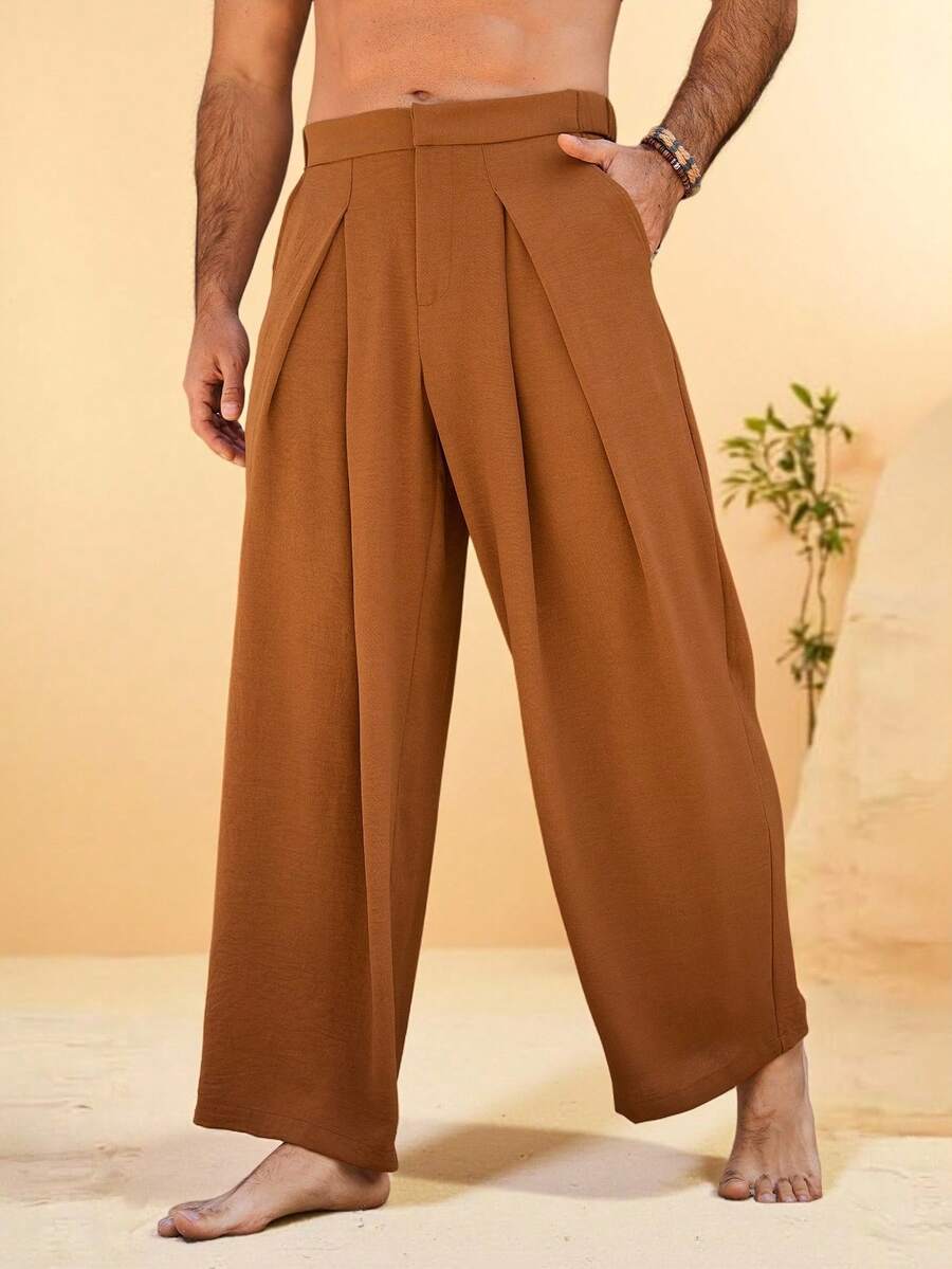 VENTUSAIL Men's Embroidered Brown Pleated Elegant Casual Pants, Suitable For Spring And Summer Brown Pants High Waisted Pants Wide Leg Pants Pleated Pants Men's Pants Baggy Pants Boho Pants Men Linen Pants Summer Pants Old Money,Daily Leisure, Weekend Trips, Outdoor Activities, Travel Expeditions, Relaxed Work Environments Or Semi-Formal Occasions, Boyfriend/Husband Gift, Anniversary /Birthday Gift Party Summer Vacation Holiday,Wedding,Spring To Summer Men Cruise Outfit Yacht Outfit Men Men Beach Outfit - Rust Brown - View 1