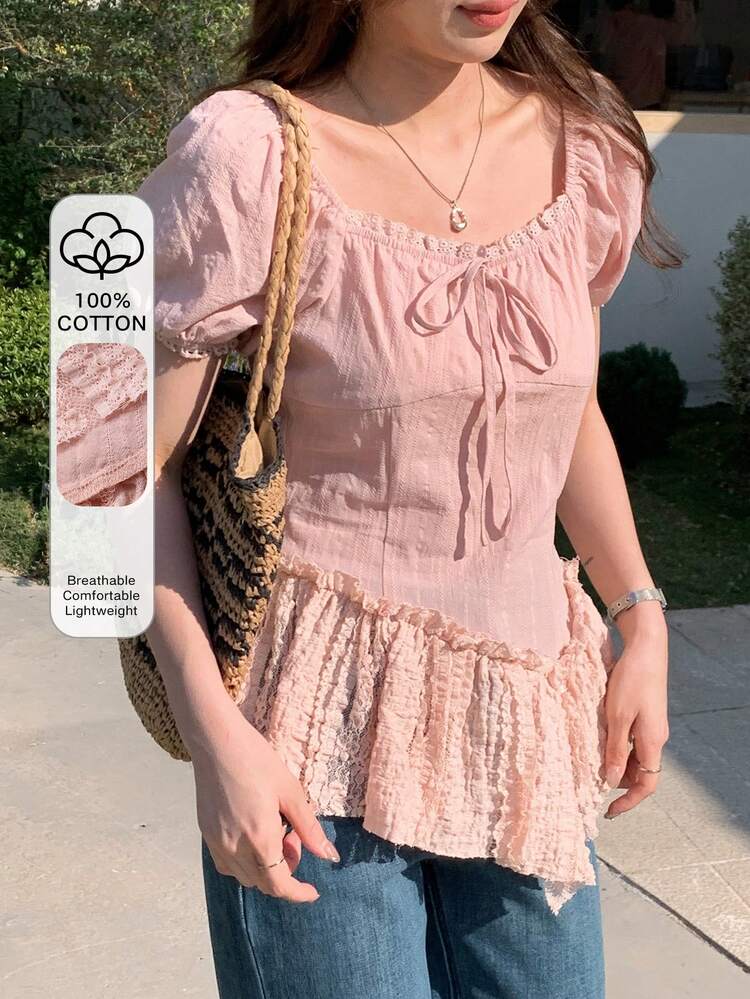 Women's Summer Casual Contrast Lace Ruffle Hem Blouse Babydoll Top