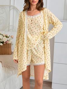 Cute Little Lemon Print 3 Pieces Pajama Set With A Lace Detailed Robe Comfortable Lounge Wear - White - View 3