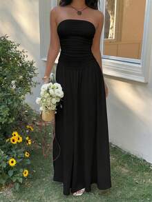 SHEIN EZwear 女款黑色抹胸百褶長裙，優雅夏季度假長禮服，正式伴娘婚禮賓客禮服，特殊場合領結活動穿搭 - 黑色 - 查看 3