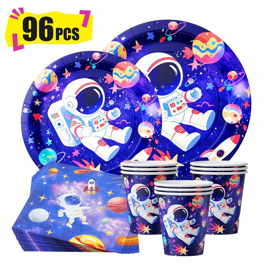 Bộ đồ dùng tiệc dùng một lần hình phi hành gia bầu trời sao, gồm đĩa, khăn ăn và cốc, phục vụ 24 người, thích hợp cho sinh nhật, đám cưới, tiệc theo chủ đề và dã ngoại gia đình. - Xem 1