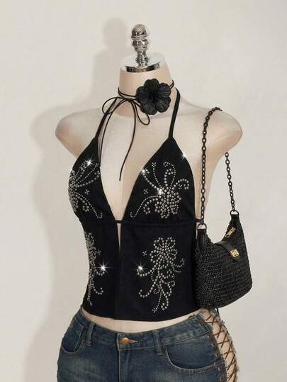 SHEIN ICON Top Y2K à dos nu avec maille et nœud fendu