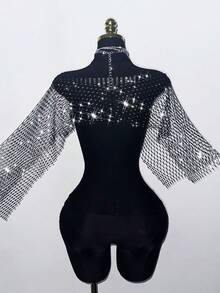 EgrlEra Women's Fishnet Rhinestone Cropped Top, Suitable For Holiday Party Outfits - Black - View 2
