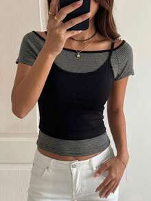 DAZY Women's Layered Style Sweet & Cool Halter Neck Short Sleeve T-Shirt, Design-Driven Hot Girl Slim Fit Versatile Top - Dark Grey - View 2