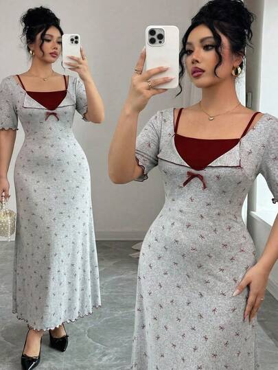 Feyla Vestido de moda de manga corta con lazo decorativo 2 en 1 para mujer de talla grande