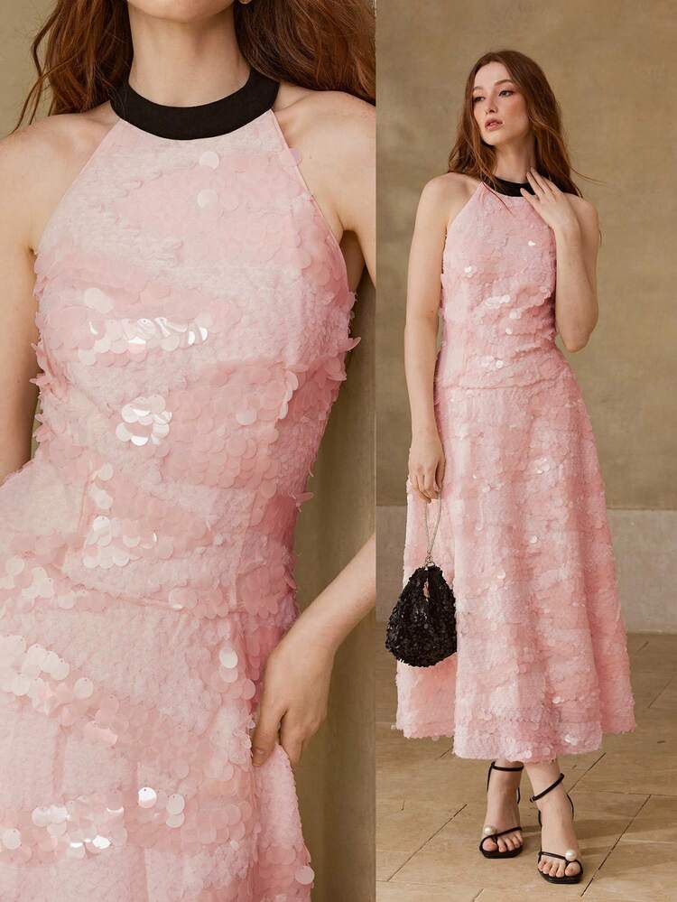 WOMEN'S SLEEVELESS COLOR BLOCK A-LINE MIDI DRESS WITH HALTER