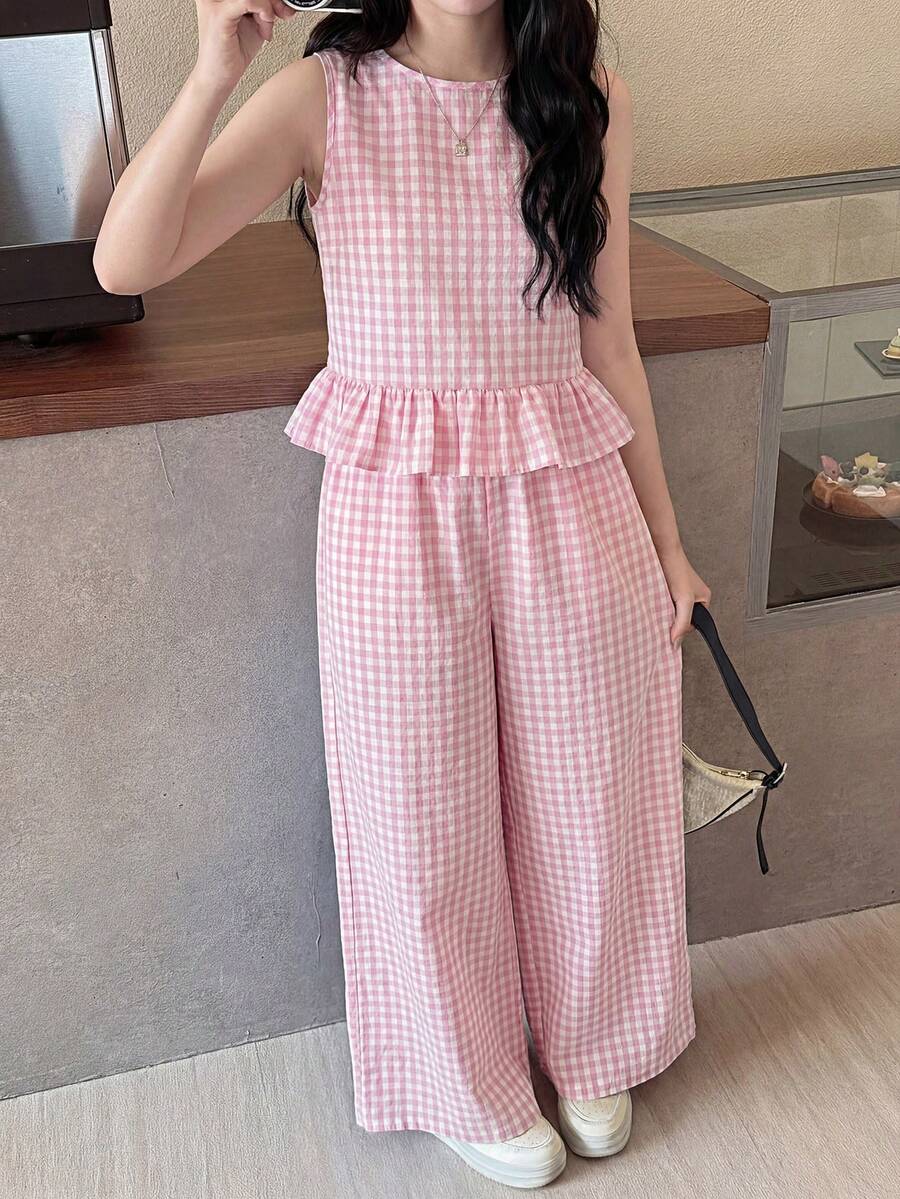 SHEIN 少女条纹无袖上衣,配木质纽扣和直筒裤,休闲度假套装,适合春夏假期、派对、优雅场合、返校季、户外家庭野餐、日常穿着。 - 彩色 - 查看 1