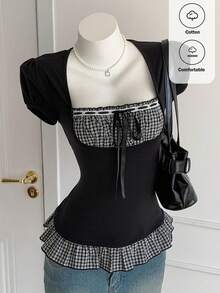 Comfortcana Áo kiểu nữ tay ngắn phối màu kẻ caro trơn, thời trang xuân/hè 2026, kiểu dáng thanh lịch, thích hợp đi nghỉ mát, đi chơi, phong cách Y2K những năm 2000. - Đen và trắng - Xem 1