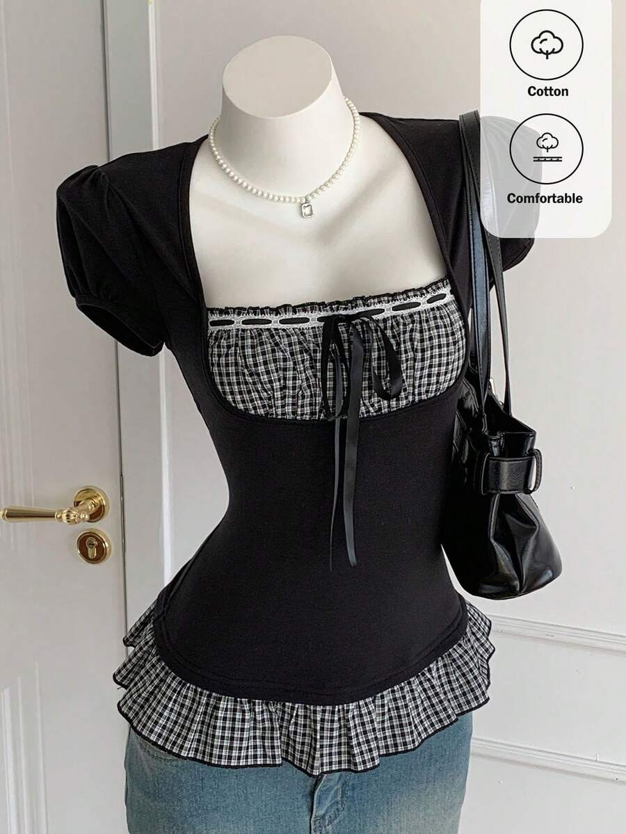 Comfortcana Áo kiểu nữ tay ngắn phối màu kẻ caro trơn, thời trang xuân/hè 2026, kiểu dáng thanh lịch, thích hợp đi nghỉ mát, đi chơi, phong cách Y2K những năm 2000. - Đen và trắng - Xem 1