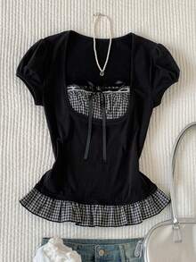 Comfortcana Áo kiểu nữ tay ngắn phối màu kẻ caro trơn, thời trang xuân/hè 2026, kiểu dáng thanh lịch, thích hợp đi nghỉ mát, đi chơi, phong cách Y2K những năm 2000. - Đen và trắng - Xem 5