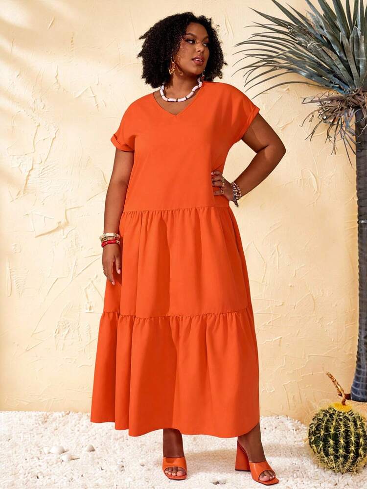 Plus Size Women's Summer Casual Vacation Loose Fit Solid Color Orange V-Neck Short Sleeve  Long Dress With Pocket,,Spring For Summer/ Vacation,Summer Holiday,Spring Break Outfits ,Vacation Outfits Women ,Holiday Outfits For Women,Going Out Outfits,2026 New Clothes,Simple And Fashionable For Everyday Wear,Casual Dresses For Women,Flowy Long Dress ,Suitable For Summer, Vacation, Commute, Daily Wear