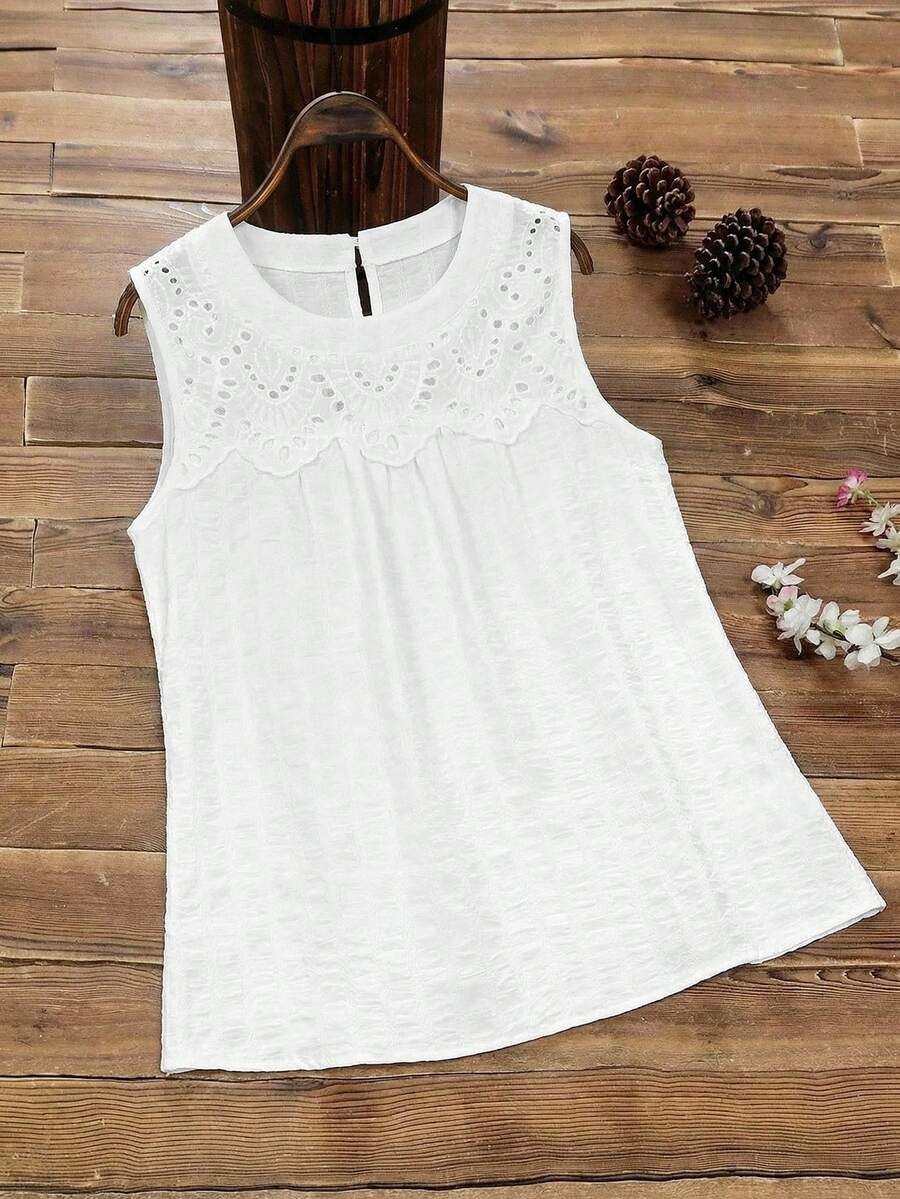 EMERY ROSE 女士圆领镂空褶皱时尚百搭休闲衬衫 - 白色 - 查看 1