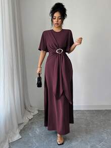 Elenzga Elegantes, lässiges Pendler-/Urlaubskleid mit rundem Ausschnitt, Kreuzband-Bindung, Metallschnalle in Taillenhöhe, A-Linie, Langarm mit Glockenärmel, Maxikleid, Frühling/Herbst/Winter, formelles Kleid, burgunderrotes Kleid, Damenkleid, Maxikleider, elegantes, klassisches Damenkleid - Rot-violett - Übersicht 4