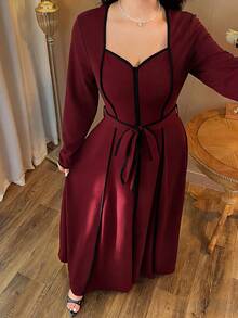 Auvina 女士优雅黑白深V领高低摆系带修身长袖连衣裙，大码，春秋季 - 酒紅色 - 查看 3