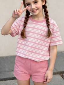 2件套少女休闲彩色条纹圆领短袖T恤和粉色短裤套装，适合日常穿着 - 粉色 - 查看 4