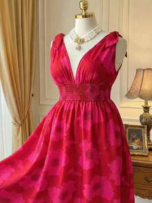 Rometta Große Größen Damen Urlaubsstil Blümchen Kleid, V-Ausschnitt ärmelloses Taille gerafft Schlank Langes Kleid, Strand Batik Blumen Maxi Kleid - Heißes Pink - Übersicht 2