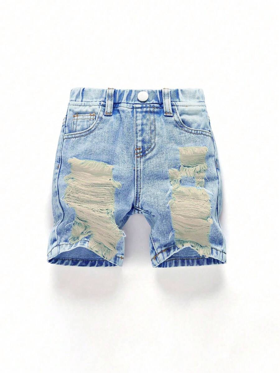 SHEIN Baby Boy Denim Shorts,Distressed Ripped Vintage Washed Light Blue,Summer Casual City Break Style,Elastic Waist With Single Button,Street Fashion Fit - Blue - View 1