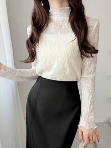 FRIFUL 女士花卉蕾丝领长袖修身衬衫 - 白色 - 查看 6