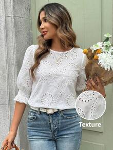 SHEIN Clasi Women's Vacation Casual Solid Color Hollow Embroidered Blouse Women Outfits Summer Spring Outfit Tops For European And American Style - White - View 7