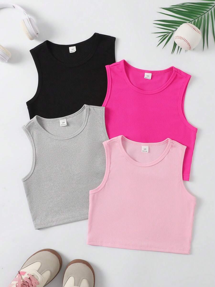 SHEIN Elladie kids Áo camisole cổ tròn màu trơn dành cho bé gái tuổi teen, chất liệu gân, kiểu dáng thường ngày. - Nhiều màu - Xem 1