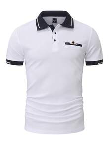Manfinity Homme 男士半開襟插肩袖短袖休閒 Polo 衫，夏季，正式 - 白色 - 查看 2