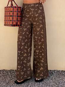 DAZY Quần jeans nữ ống đứng dáng rộng, cạp thấp, in họa tiết, màu nâu, thích hợp mặc thường ngày. - màu nâu - Xem 5