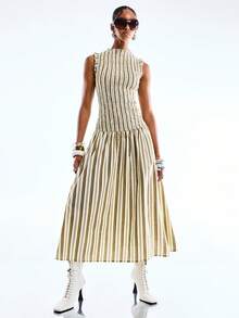 LYSMO Đầm dài cổ đứng kẻ sọc dành cho nữ - Màu xanh Bạc hà - Xem 3