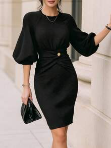 Ellegaria. 女士优雅休闲圆领中袖扭结设计修身中长黑色连衣裙，修身连衣裙，黑色连衣裙，纯色连衣裙，针织连衣裙，休闲连衣裙，女士优雅连衣裙，百搭连衣裙，职业连衣裙 - 黑色 - 查看 6