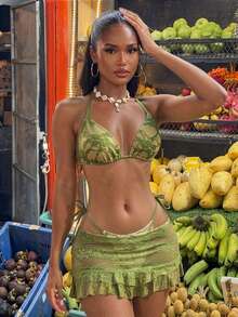 Vaytide 3 件套女士纯色性感蕾丝荷叶边性感迷你裙，蕾丝双三角杯坦加比基尼泳装 - 綠色 - 查看 3