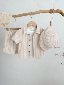 SHEIN 3pcs/Set Unisex Baby Boy/Girl Khaki Striped Short Sleeve Shirt, Shorts And Sun Hat, Spring/Summer Baby Boy Clothes Outfits - Apricot - View 1