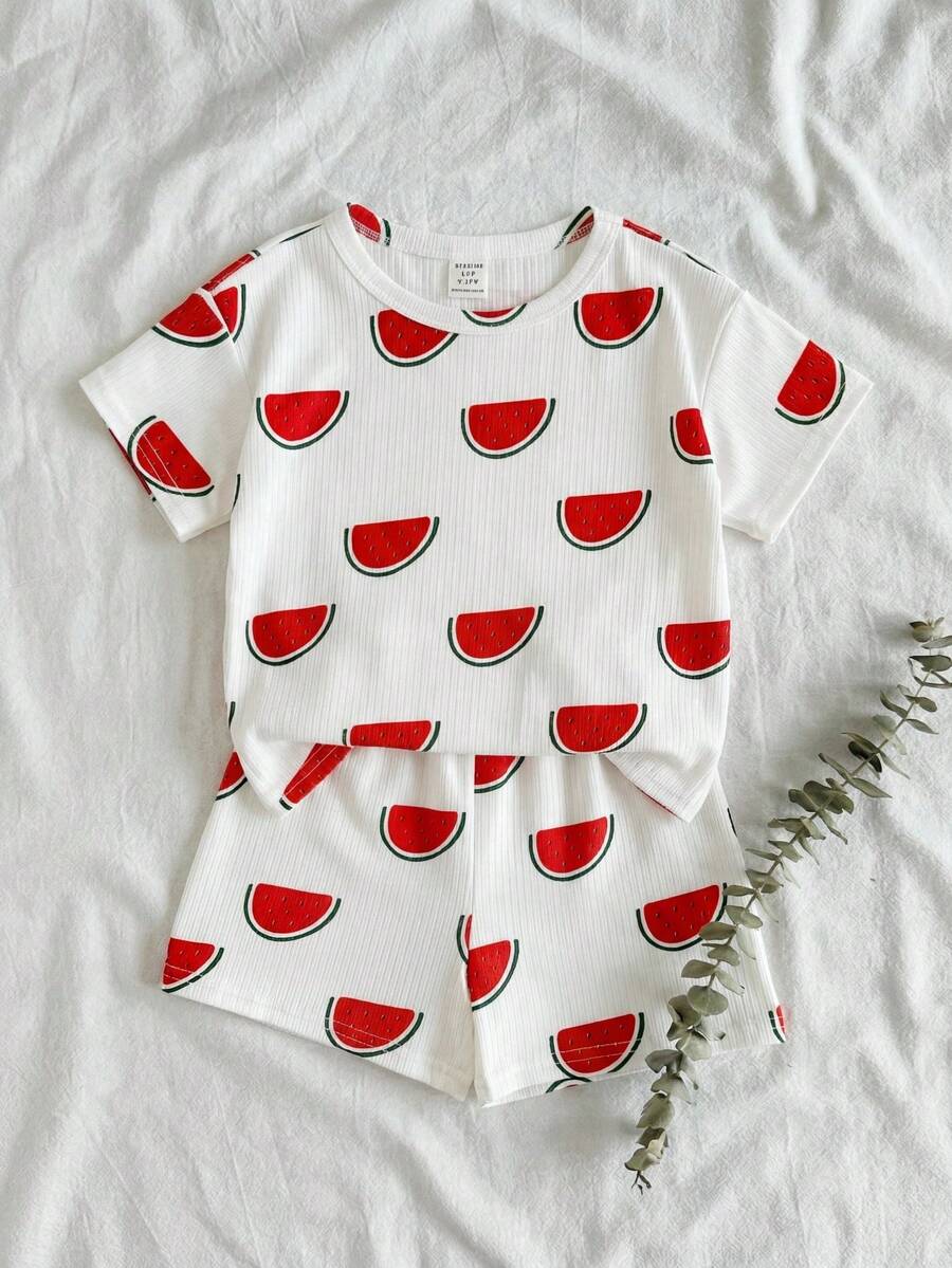 SHEIN 2pcs/Set Unisex Baby Watermelon Print Short Sleeve Pajamas Shorts Set, Casual Comfortable Summer Sleepwear - Multicolor - View 1