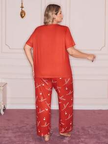 Slumberry CURVE Cute Ins Contrast Color Valentine's Day Love Print Loose Comfortable Black Plus Size Pajama Set - Red - View 2