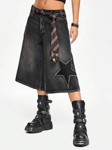 ROMWE Grunge Punk Street Fashion Tie Knot Embroidered Design Low Waist Loose Wide Leg Denim Capri Pants - Grey - View 7