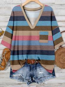 EMERY ROSE Casual Minimalist Plus Size Women Striped Drop Shoulder T-Shirt, Suitable For Summer - Multicolor - View 3