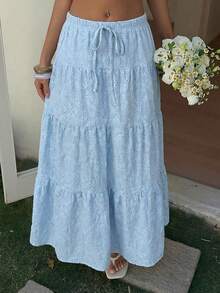 SHEIN EZwear 女士浪漫度假风腰带荷叶边下摆半身裙 - 藍色 - 查看 4