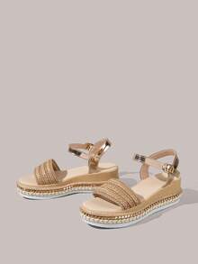 Styleloop Ladies Platform Wedge Sandals Bohemian Vacation Sandals Summer Open-Toed Hemp Rope Straw Shoes Outside Vacation Dress Shoes - khaki knitting - View 6